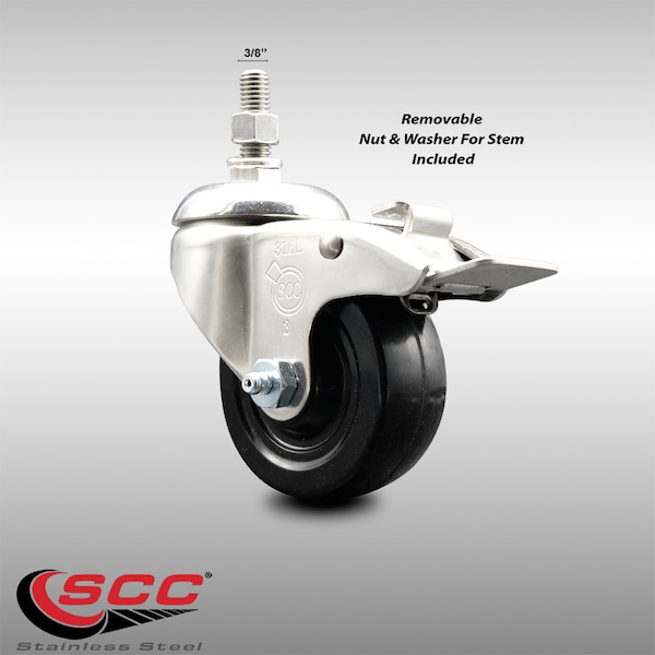 Service Caster 3.5 Inch 316SS Soft Rubber Wheel Swivel 3/8 Inch Stem Caster Total Lock Brake SCC-SS316TSTTL20S3514-SRS-381615 - main